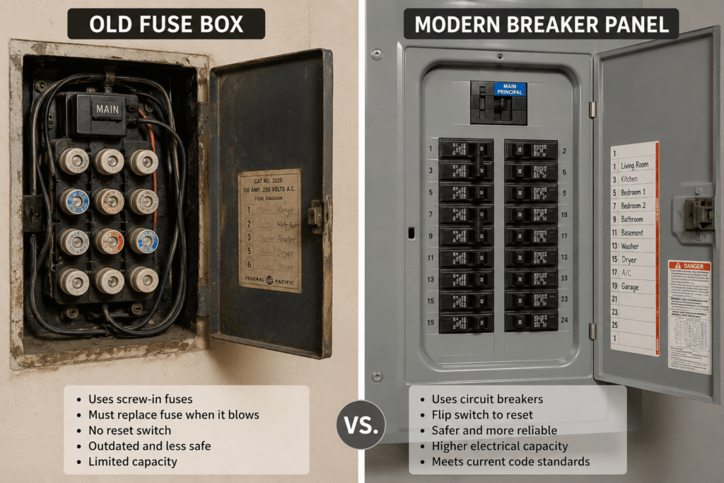 old fuse box vs. modern breaker panel comparison